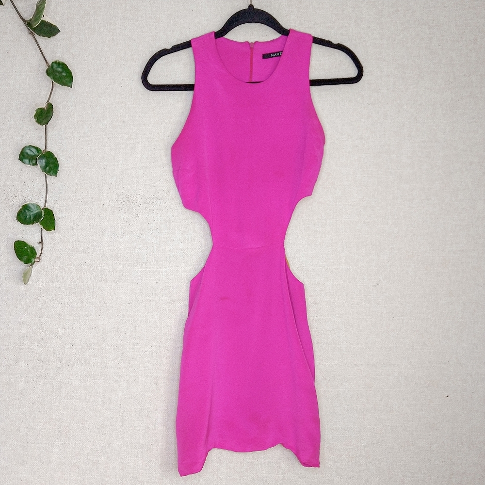 FLAWED Naven Hot Neon Pink Side Cut Out High Neck 100% Silk Mini Dress Size XS - Picture 2 of 10